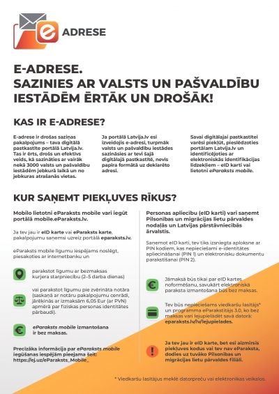 Informācija par E-adresi ar aicinājumu sazināties ar valsts un pašvaldību iestādēm ērtāk un drošāk! Kā arī informācija par to, kur saņemt piekļuves rīkus.  