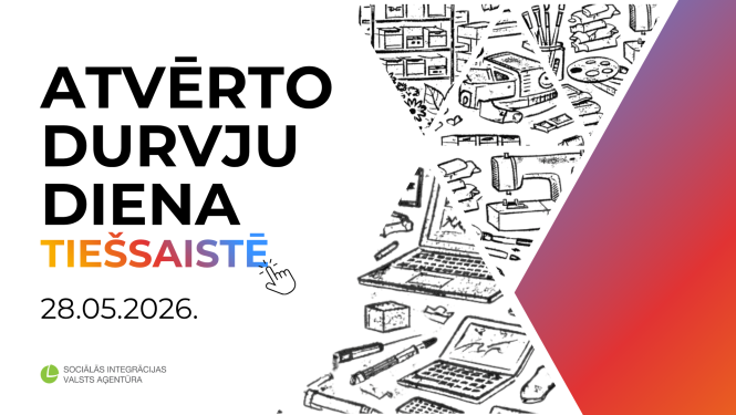 Teksts atvērto durvju diena tiešsaistē un datums 28.05.2026. ar SIVA logotipu. Labajā pusē datoru un instrumentu zīmējumi, ko papildina sārti violets stūris.