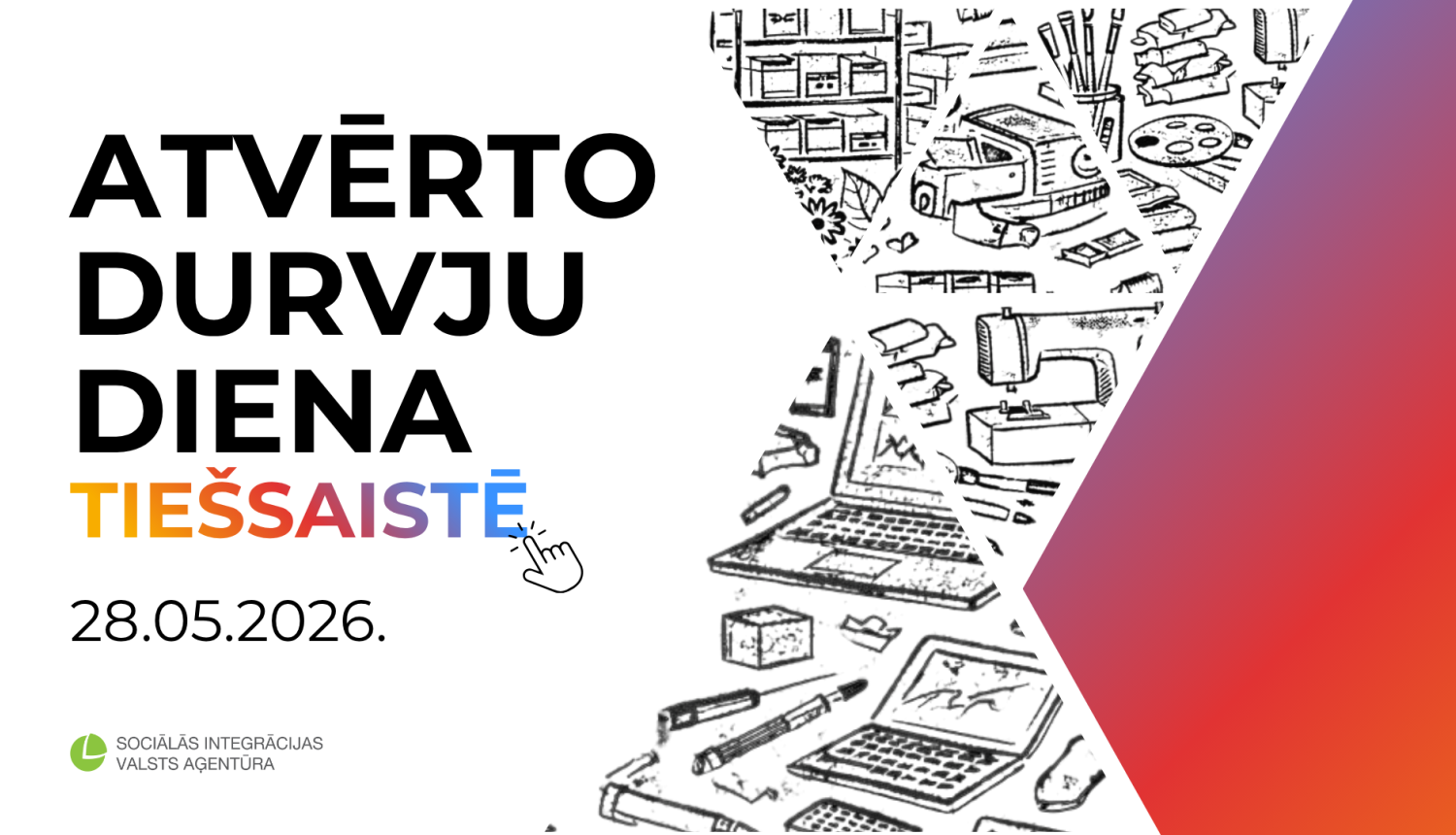 Teksts atvērto durvju diena tiešsaistē un datums 28.05.2026. ar SIVA logotipu. Labajā pusē datoru un instrumentu zīmējumi, ko papildina sārti violets stūris.