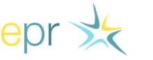 Eiropas Rehabilitācijas platformas logo, kurā redzami trīs burti - dzeltenā krāsā burts "e", gaiši zilā krāsā burts "p" un tumšāk zilā krāsā burts "r". Aiz burtiem ir redzama figūra, kas veidota no gaiši zilas, tumši zilas un dzeltenas krāsas ķeksīšiem un atgādina zvaigzni.