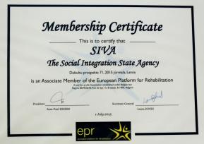 Sociālās integrācijas valsts aģentūrai izsniegtais Eiropas Rehabilitācijas platformas biedra sertifikāts