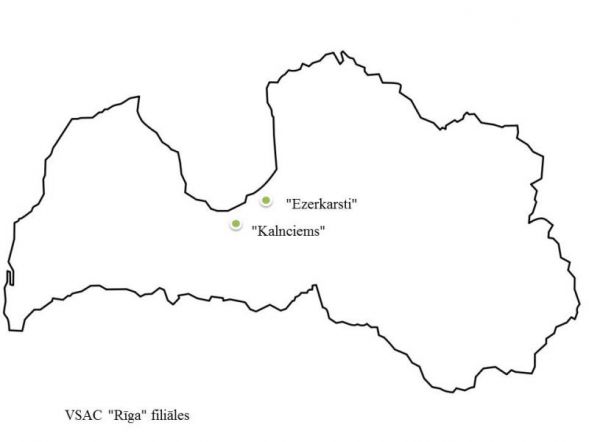 Latvijas karte, kurā redzamas VSAC "Rīga" filiāļu "Ezerkrasti" un "Kalnciems" atrašanās vietas