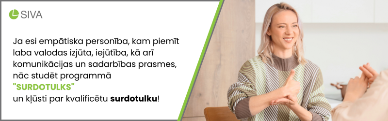 Sieviete sazinās zīmju valodā, blakus tekstuāls profesijas apraksts