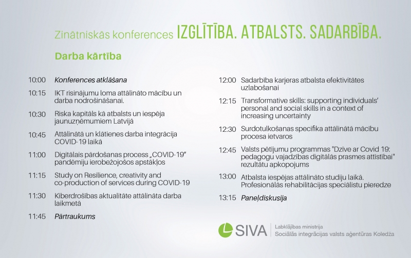 SIVA Koledžas zinātniskās konferences "Izglītība. Atbalsts. Sadarbība." darba kārtība.