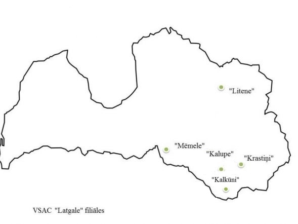 Latvijas valsts teritorijas kontūra ar norādītām Valsts sociālās aprūpes centru atrašanās vietām Latgalē