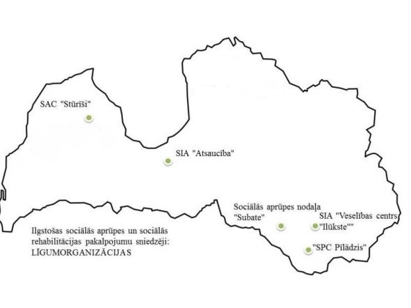 Latvijas kontūra, kurā ievietotas ilgstošas sociālās aprūpes un sociālās rehabilitācijas pakalpojumu sniedzēju atrašanās vietas.