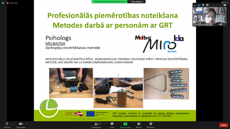Prezentācijas slaids, kurā redzami daži no Eiropā pazīstamās darbspēju novērtēšanas metodes MELBA© & IDA© uzdevumiem