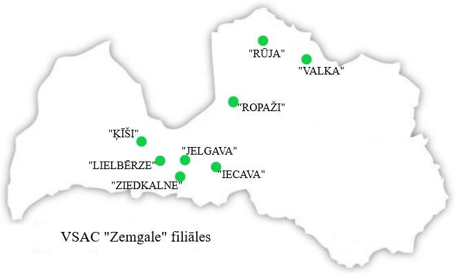 Latvijas karte ar VSAC "Zemgale" filiāļu atrašanās vietām