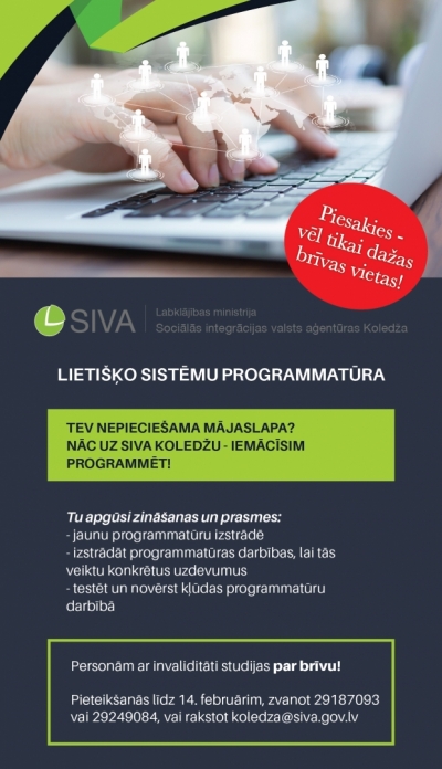 Informācija par uzņemšanu studiju programmā "Lietišķo sistēmu programmatūra", uzņemšana pagarināta līdz 14.februārim