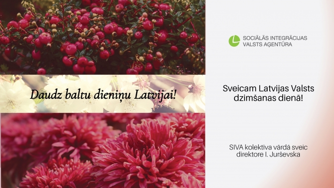 Apsveikums: Daudz baltu dieniņu Latvijai! Sveicam Latvijas Valsts dzimšanas dienā! SIVA kolektīva vārdā sveic direktore I.Jurševska