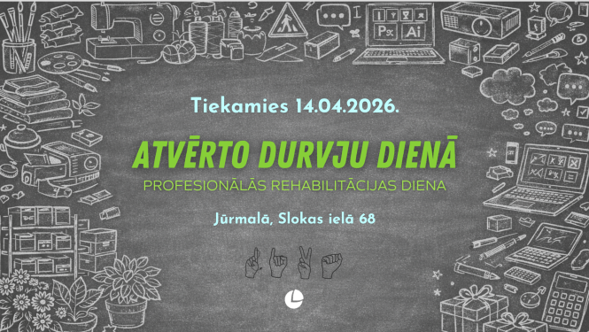 Uzraksts uz tāfeles virsmas: SIVA koledžas Atvērto durvju diena 14. aprīlī