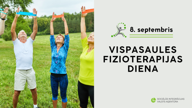 Dabā vingro sievietes un vīrietis, blakus uzraksts "8. septembris - Vispasaules Fizioterapijas diena".