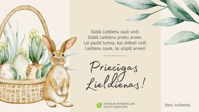 Lieldienu apsveikums - grozs ar olām un zaķis