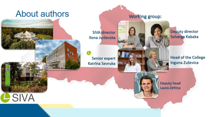 Prezentācijas slaids, kurā redzamas veiktā pētījuma autores un SIVA iestāžu ēkas