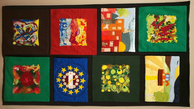 Jūrmalas profesionālās vidusskolas audzēkņu izšūtie raibie un spilgtie mini kvilti