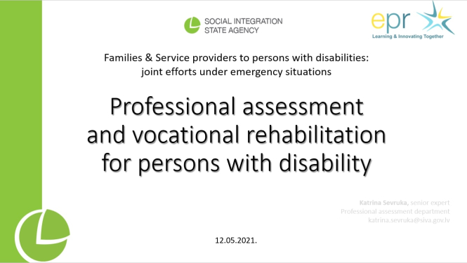 SIVA prezentācijas pirmais slaids: Professional assessment and vocational rehabilitation for persons with disability