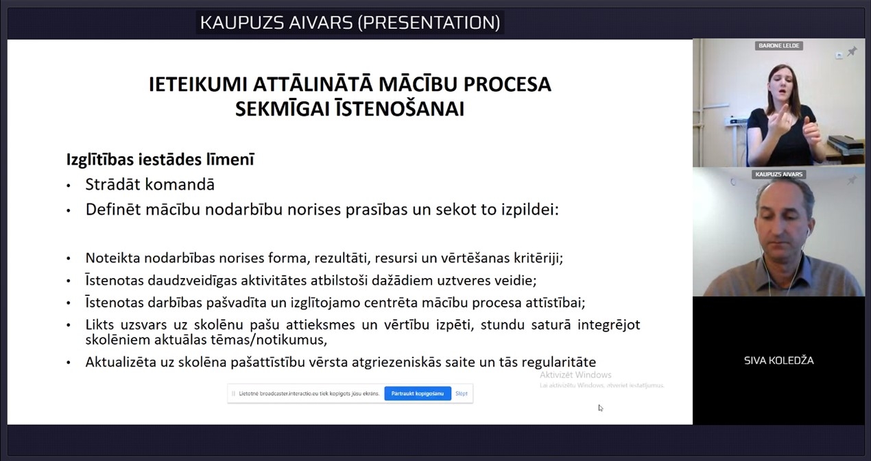 Ekrānšāviņš, kurā redzams slaids "Ieteikumi attālinātā mācību procesa sekmīgā īstenošanā".