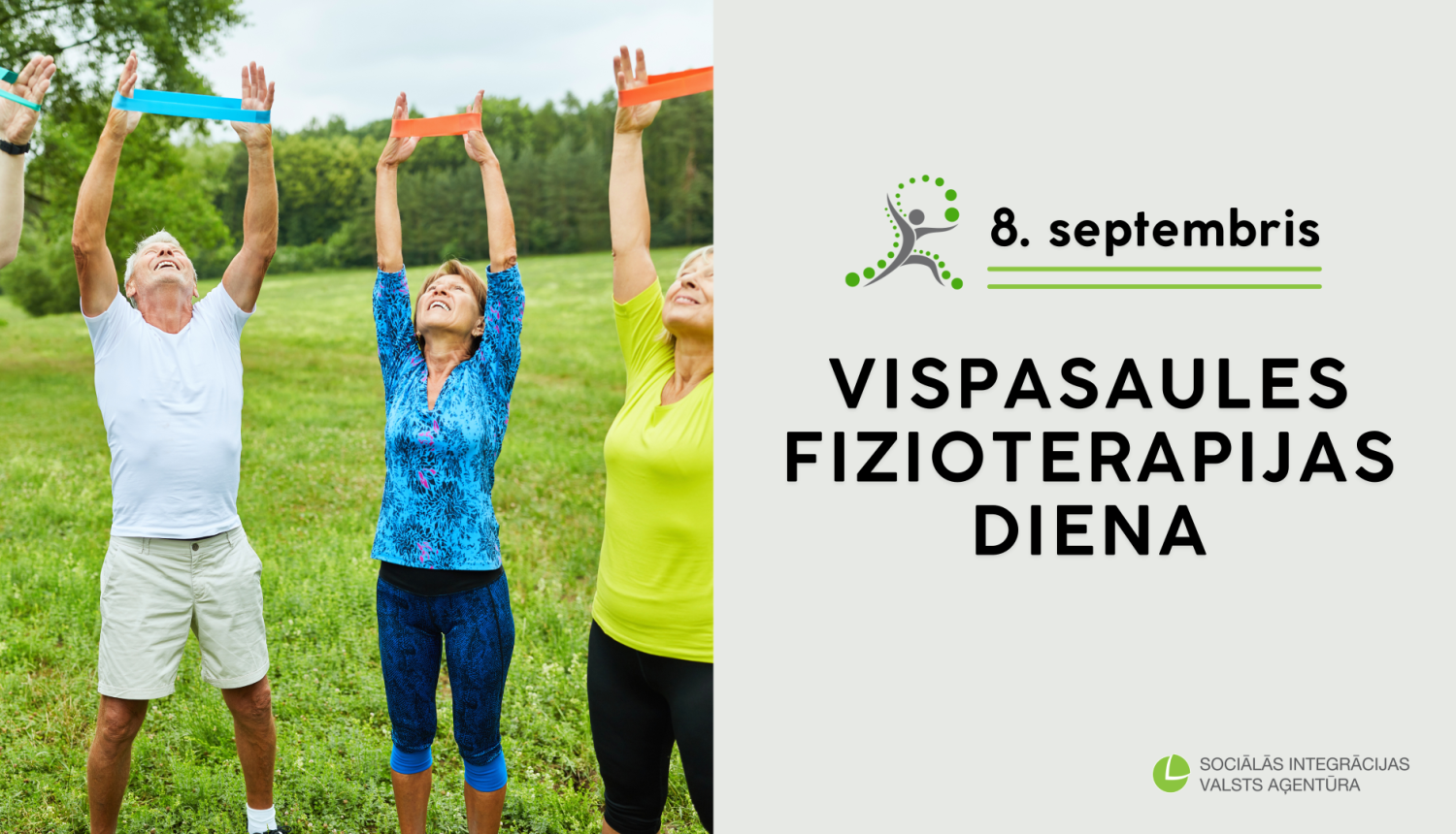 Dabā vingro sievietes un vīrietis, blakus uzraksts "8. septembris - Vispasaules Fizioterapijas diena".