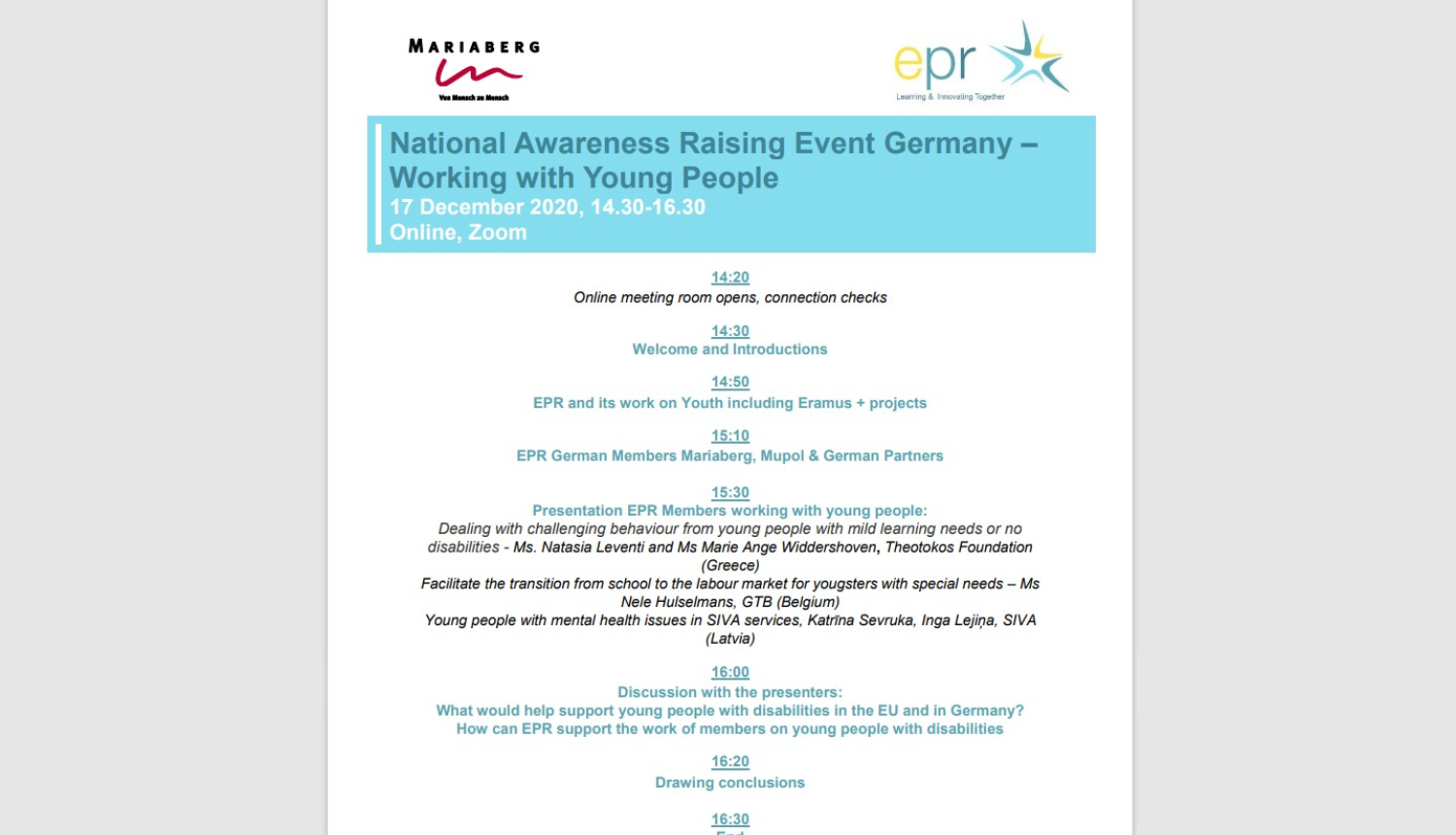 Vācinas nacionālā mēroga pasākuma darba kārtība angļu valodā