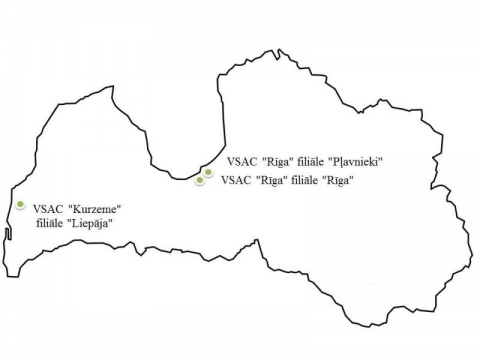 Latvijas valsts teritorijas kontūra ar norādītām Valsts sociālās aprūpes centru atrašanās vietām Rīgā un Liepājā
