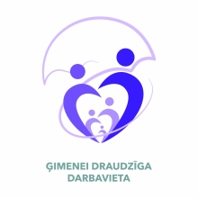 Logo: Ģimenei draudzīga darbavieta. Violetos toņos stilizēti cilvēciņi, kas veido sirsniņas.